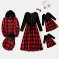 Family Matching Long-sleeve Button Front Solid Spliced Red Plaid Dresses and Hooded Shirts Sets redblack image 1
