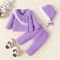 Baby Girl 100% Cotton 3pcs Crepe Ruffle Decor Long-sleeve Top and Pants with Hat Purple Set Light Purple image 1