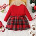 Christmas Baby Girl Red Faux-two Long-sleeve Ruffle Trim Bow Front Plaid Dress Red