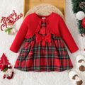 Christmas Baby Girl Red Faux-two Long-sleeve Ruffle Trim Bow Front Plaid Dress Red
