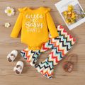 2pcs Baby Girl Letter Print Ruffle Long-sleeve Romper and Colorful Chevron Stripe Flared Pants Set DarkOrange image 1