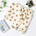 Toddler 100% Cotton Crepe 2pcs Bear Allover Lapel Collar Long-sleeve Top and Pants White Set White