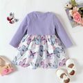 Baby Girl Solid Rib Knit Spliced Allover Butterfly Print Bow Front Long-sleeve Dress pinkpurple