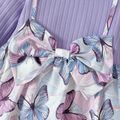 Baby Girl Solid Rib Knit Spliced Allover Butterfly Print Bow Front Long-sleeve Dress pinkpurple image 4