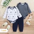 3-Pack Baby Boy Long-sleeve Allover Striped and Stars Print Rompers with Solid Pants Set Dark Blue/white