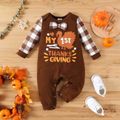 Thanksgiving Day Baby Boy Bow Front Letter Print Spliced Plaid Long-sleeve Jumpsuit Brown image 1