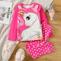 2pcs Kid Girl Unicorn Print Long-sleeve Tee and Polka dots Pants Pajamas Sleepwear Set Pink image 1