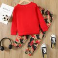 2pcs Kid Boy Letter Soccer Print Pullover Sweatshirt and Camouflage Print Pants Set Red