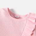2pcs Toddler Girl Ruffled Ribbed Long-sleeve Pink Tee and Pants set Pink