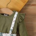 Baby Girl 95% Cotton Ruffle Long-sleeve Solid Spliced Floral Print Jumpsuit LightArmyGreen image 3