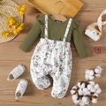 Baby Girl 95% Cotton Ruffle Long-sleeve Solid Spliced Floral Print Jumpsuit LightArmyGreen image 1