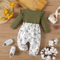Baby Girl 95% Cotton Ruffle Long-sleeve Solid Spliced Floral Print Jumpsuit LightArmyGreen image 2