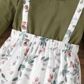 Baby Girl 95% Cotton Ruffle Long-sleeve Solid Spliced Floral Print Jumpsuit LightArmyGreen image 4