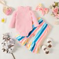 3pcs Baby Girl Rib Knit Cold Shoulder Long-sleeve Romper and Colorful Striped Flared Pants with Headband Set Pink image 2