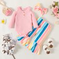 3pcs Baby Girl Rib Knit Cold Shoulder Long-sleeve Romper and Colorful Striped Flared Pants with Headband Set Pink image 1