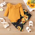2pcs Baby Girl Solid Rib Knit Ruffle Collar Long-sleeve Romper and Allover Sunflower Floral Print Flared Pants Set Ginger-2 image 1