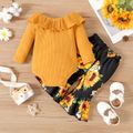 2pcs Baby Girl Solid Rib Knit Ruffle Collar Long-sleeve Romper and Allover Sunflower Floral Print Flared Pants Set Ginger-2 image 2