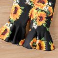 2pcs Baby Girl Solid Rib Knit Ruffle Collar Long-sleeve Romper and Allover Sunflower Floral Print Flared Pants Set Ginger-2 image 5