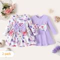 2-Pack Baby Girl Solid Rib Knit and Floral Print Bow Front Long-sleeve Dresses Set ColorBlock image 2