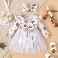 2pcs Baby Girl Allover Animal Print Ruffle Long-sleeve Bow Front Spliced Mesh Romper with Headband Set Apricot brown image 1