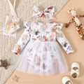 2pcs Baby Girl Allover Animal Print Ruffle Long-sleeve Bow Front Spliced Mesh Romper with Headband Set Apricot brown image 2