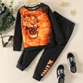 2pcs Kid Boy Animal Lion Flame Print Pullover Sweatshirt and Letter Print Pants Set Black image 1
