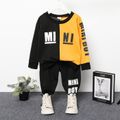 2pcs Toddler Boy Trendy Letter Print Colorblock Sweatshirt and Pants Set Black image 1