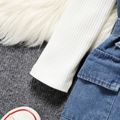 2pcs Toddler Girl Long-sleeve Ribbed White Tee and Button Design Belted Denim Dress Set Blue image 4