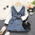 2pcs Toddler Girl Long-sleeve Ribbed White Tee and Button Design Belted Denim Dress Set Blue image 1