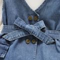 2pcs Toddler Girl Long-sleeve Ribbed White Tee and Button Design Belted Denim Dress Set Blue image 5