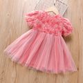 Toddler Girl 3D Floral Design Mesh Splice Pink Short-sleeve Party Evevning Dress Pink image 1