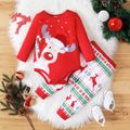 Christmas 2pcs Baby Boy Long-sleeve Deer Graphic Romper and Allover Print Pants Set Red-2 image 1