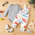 2pcs Baby Boy 95% Cotton Long-sleeve Romper and Allover Vehicle Print Overalls Set ColorBlock