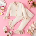 2pcs Baby Girl Button Front Solid Rib Knit Bell-sleeve Cardigan and Ruffle Flared Pants Set OffWhite image 1