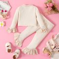 2pcs Baby Girl Button Front Solid Rib Knit Bell-sleeve Cardigan and Ruffle Flared Pants Set OffWhite image 2