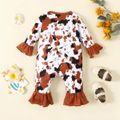 Baby Girl Allover Print Ruffle Trim Long-sleeve Jumpsuit Brown