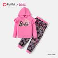 Barbie 2pcs Kid Girl Ruffled Letter Print Pink Cotton Hoodie Sweatshirt and Rainbow Print Pants Set Roseo image 1