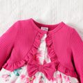Baby Girl Solid Rib Knit Ruffle Trim Bow Front Long-sleeve Faux-two Floral Print Dress Roseo image 3
