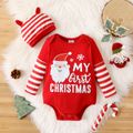 Christmas 2pcs Baby Boy Santa & Letter Print Red Striped Long-sleeve Romper with Hat Set REDWHITE