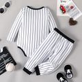 2pcs Baby Boy Letter & Number Print Long-sleeve Striped Romper and Pants Set BlackandWhite image 2
