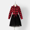 Christmas Family Matching Red Plaid Long-sleeve Button Up Shirts and Mesh Skirts Sets redblack