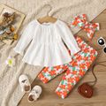 3pcs Baby Girl Solid Lace Long-sleeve Top and Allover Floral Print Leggings with Headband Set Color block image 1