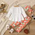 3pcs Baby Girl Solid Lace Long-sleeve Top and Allover Floral Print Leggings with Headband Set Color block image 2