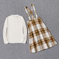 Mommy and Me Solid Rib Knit Mock Neck Long-sleeve Tops with Plaid Overall Dresses Sets Coffee