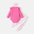 Barbie 3pcs Baby Girl 95% Cotton Ruffle Trim Long-sleeve Graphic Romper and Allover Letter Print Pants with Headband Set PinkyWhite