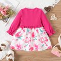 Baby Girl Solid Rib Knit Ruffle Trim Bow Front Long-sleeve Faux-two Floral Print Dress Roseo image 2