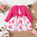 Baby Girl Solid Rib Knit Ruffle Trim Bow Front Long-sleeve Faux-two Floral Print Dress Roseo image 1