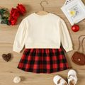 2pcs Baby Girl Bow Front Puff-sleeve Split Hem Sweatshirt and Plaid Skirt Set redblack image 2