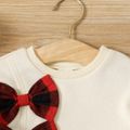 2pcs Baby Girl Bow Front Puff-sleeve Split Hem Sweatshirt and Plaid Skirt Set redblack image 3