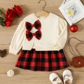 2pcs Baby Girl Bow Front Puff-sleeve Split Hem Sweatshirt and Plaid Skirt Set redblack image 1